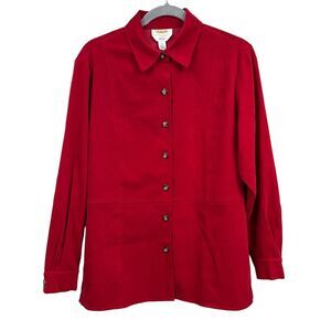Talbots Petites Womens Velvet Shirt Top Button Up Collared Long Sleeves Red Sz M